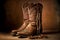 worn brown cowboy boots with rope decorations on front