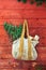 worn canvas bag with logs and fir branches hangs on red authentic wooden wall