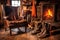 worn leather boots beside a cozy fireplace