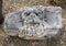 Worn old decorative stone lions head on the ground in Dallas, Texas.