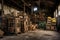 The worn-out ambiance of an aged warehouse, where crates extend outward and the roof exhibits visible damage