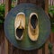 Worn shoes on dartboard game board attached to tree trunk