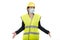 Worried architect woman with protective mask gesturing