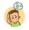 Worried boy thinking about viruses. Coronavirus prevention, world quarantine. Cartoon design icon. Colorful flat vector