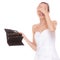 Worried bride with empty wallet. Wedding expenses.