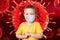 Worried child wearing a protective face mask to prevent corona virus infection or pollution