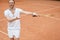 worried emotional tennis player pointing with racket