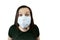 Worried and fearful woman in medical mask - distancing from corona virus covid-19 , surprised, amazed and cry, isolated