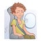 Worried frightened man in the airplane seat at the window. Fear of flying, aerophobia. Vector illustration, isolated on