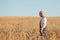 Worried gray haired agronomist or farmer using a tablet while inspecting organic wheat field before the harvest. Back lit sunset