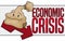 Worried Poor Money Bag over Down Arrow due Economic Crisis, Vector Illustration