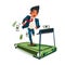 Worry businessman running on money treadmill .run out of money. money trap. Salaryman life -