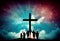 Worship concept: christian people hand in hand over cross on spiritual sky background . Generate Ai.