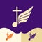 Worship logo. Cristian symbols. Cross of Jesus, musical note and wing