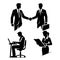 Wotking people. Black vector icons silhouettes set of professionals at work. An individual in a business suit giving a handshake,