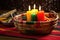 woven basket containing kwanzaa corn and candles