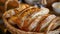 A woven basket filled with freshly baked loaves of bread, showcasing different varieties and textures