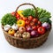 Woven basket with studio-fresh veggies.