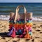 A woven beach tote bag with colorful tassel details, perfect for carrying towels and sunscreen