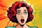 Wow female face. Sexy surprised young woman with open mouth, bright makeup Vector colorful background in pop art retro