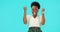 Wow, mockup and a success black woman on a blue background in studio for motivation or celebration. Portrait, omg or wtf