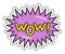 Wow sticker or label, with dotted frame around, comic lettering, purple phrase with yellow font