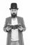 Wow. Surprised library reader. Hipster read library book. Bearded man wear top hat in casual style. Borrowing literature