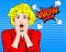 Wow. Wow face. Wow expression. Surprised woman with open mouth vector. Pop art wonder woman. Wow emotion. Wow Comic