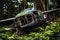 Wracked old rusty Airplane overgrown with foliage in jungle forest.