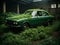 Wracked old rusty Russian car overgrown with foliage in jungle forest illustration