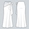 Wrap maxi Skirt technical fashion illustration. Asymmetric Draped Skirt fashion flat technical drawing template, A-line