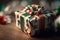 a wrapped present box with a bow on it sitting on a table next to other presents and ornaments on the table