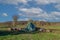 Wrapped straw bales. The bales are stacked in a meadow and covered with a tarpaulin against the rain