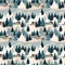 wrapping paper inspired by a snowy mountain retreat, featuring cabins, pine trees, and snowy peaks