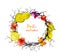 Wreath with branches, autumn leaves, flowers, butteflies. Watercolor circle border, text Hello autumn