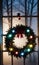 A Wreath And Christmas Lights On A Foggy Window, In The Moonligh. Generative AI