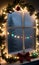 A Wreath And Christmas Lights On A Foggy Window, In The Moonligh. Generative AI