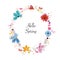 Wreath colorful floral Spring flowers with abstract decorative flowers, hearts and butterflies. Circle Frame ``Hello Spring`` text