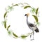 Wreath with crane bird and wild plants. Oriental motif.