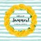 Wreath dandelions isolated, Summer flowers, Hello summer advertising inscription. Trendy striped blue background. All