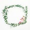 Wreath flower frame of pink roses flowers and eucalyptus branches on white background. Flat lay, top view