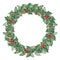 Wreath of Green ilex leaves with bunch of red berries. Holly leaves, evergreen shrub. Winter natural decoration. Watercolor