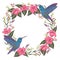 Wreath with hummingbird, tropical flowers and leaves. Exotic flora and fauna.