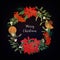 Wreath made of bunches of rowan berries, branches of coniferous trees, poinsettia plant, mistletoe, oranges, star anise