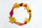 He wreath is made of willow twigs and colorful leaves of maple, hawthorn and parthenocissus, Rowan berries on a white background I