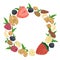 Wreath with nuts, berries and mint leaves on white background. Strawberry, raspberry, blueberry, banana, walnut, almond, hazelnut,