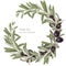 Wreath of olive tree branches with black ripe olives,