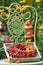 Wreath of rosehips on a wooden tray