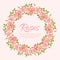 Wreath of vintage English roses. Delicate pink flower buds with leaves, realistic style. For weddings, stickers, posters