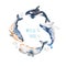 Wreath on white background with blue whale, fin whale and sperm whale.